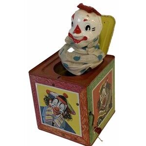 Vintage 1950s Mattel Metal Clown Wind Up Jack in the Box Toy READ